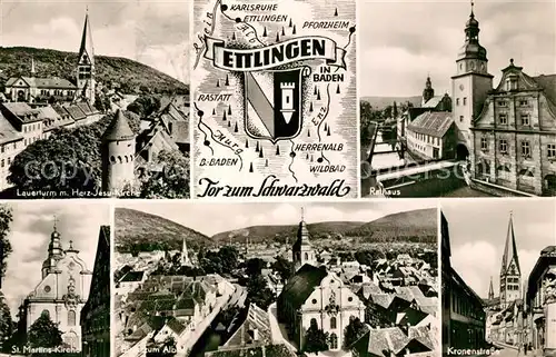 AK / Ansichtskarte Ettlingen Lauerturm mit Herz Jesu Kirche Rathaus St Martins Kirche Stadtblick Kronenstrasse Ettlingen