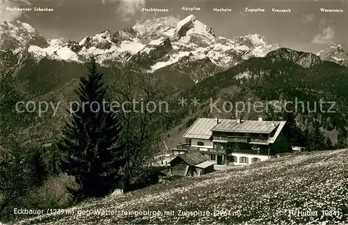 AK / Ansichtskarte Eckbauer_Alm mit Wettersteingebirge und Zugspitze Eckbauer Alm