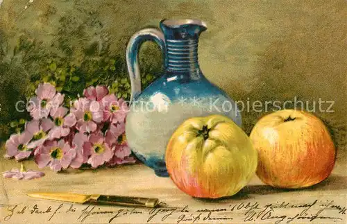 AK / Ansichtskarte Obst aepfel Krug Messer Blumen Stillleben  
