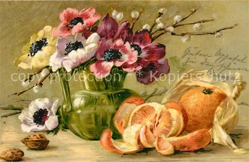 AK / Ansichtskarte Blumen Mohnblumen Orange Weidenkaetzchen Litho  