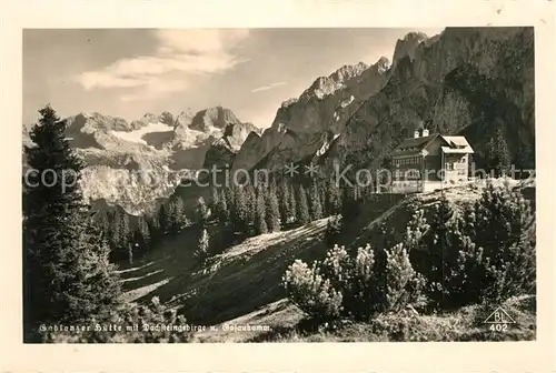 AK / Ansichtskarte Gablonzerhaus Berghuette mit Dachsteingebirge und Gosaukamm Alpenpanorama Gablonzerhaus