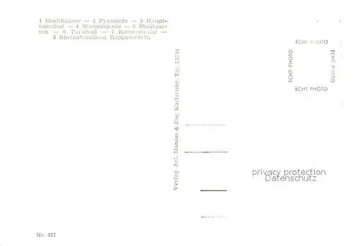 AK / Ansichtskarte Karlsruhe_Baden Hochhaeuser Pyramide Bahnhof Wasserspiele Stadtgarten Tullabad Kaiserstrasse Rheinstrandbad Rappenwoerth Karlsruhe_Baden