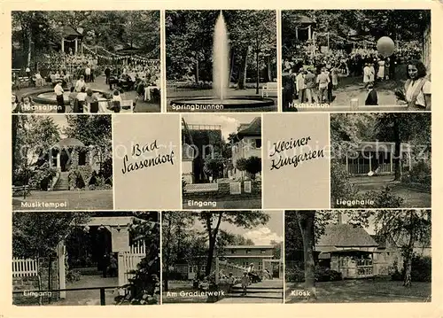 AK / Ansichtskarte Bad_Sassendorf Kleiner Kurgarten Springbrunnen Musiktempel Liegehalle Kiosk Gradierwerk Bad_Sassendorf