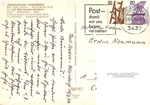AK / Ansichtskarte Bad_Sooden Allendorf Berggasthof Ahrenberg Bad_Sooden Allendorf