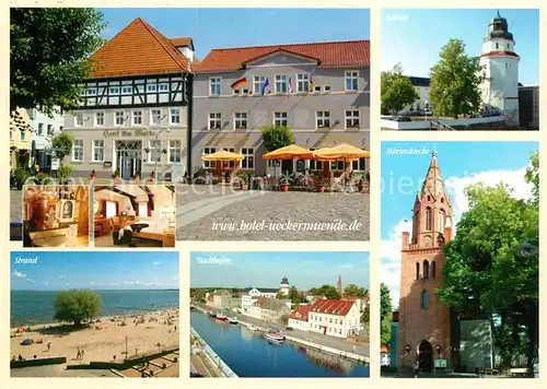 AK / Ansichtskarte Ueckermuende_Mecklenburg_Vorpommern Hotel am Markt Strand Brauhaus Stadtkrug Kirche Hafen Ueckermuende_Mecklenburg