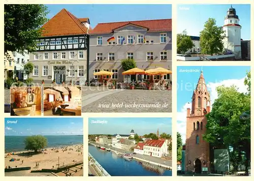 AK / Ansichtskarte Ueckermuende_Mecklenburg_Vorpommern Hotel am Markt Brauhaus Stadtkrug Strand Hafen Kirchen Ueckermuende_Mecklenburg