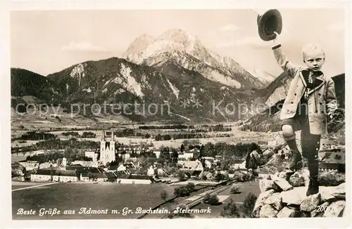 AK / Ansichtskarte Admont_Steiermark Panorama mit Grossem Buchstein Junge mit Hut Trachten Admont_Steiermark