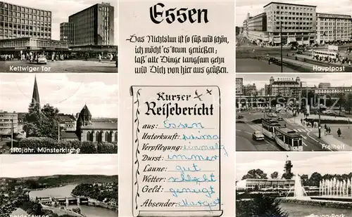 AK / Ansichtskarte Essen_Ruhr Kettwiger Tor 1100jaehrige Muensterkirche Baldeneysee Hauptpost Freiheit Grugapark Essen_Ruhr