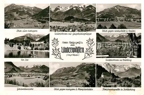 AK / Ansichtskarte Unterwoessen Panorama Blick zum Hochgern Geigelsteingruppe Hochplatte Raiten See Fruehling Marquartstein Kapelle Alpenpanorama Unterwoessen