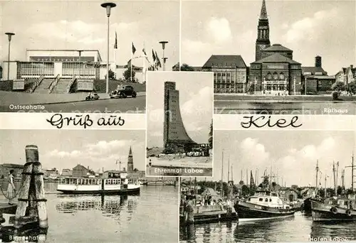 AK / Ansichtskarte Kiel Ostseehalle Rathaus Hafen Fischkutter Marine Ehrenmal Laboe Kiel