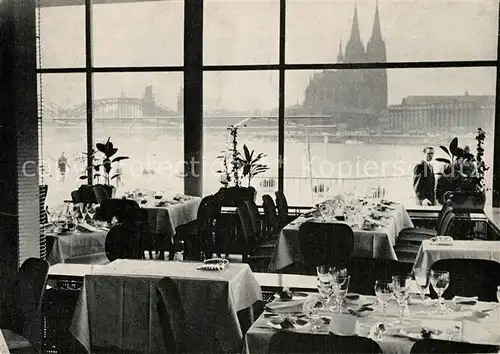 AK / Ansichtskarte Koeln_Rhein Rheinterrasse am Tanzbrunnen Restaurant Blick auf Koelner Dom Koeln_Rhein