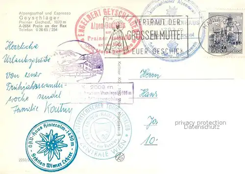 AK / Ansichtskarte Prein_Rax Alpengasthof Geyschlaeger Terrasse Preiner Gscheid Prein_Rax