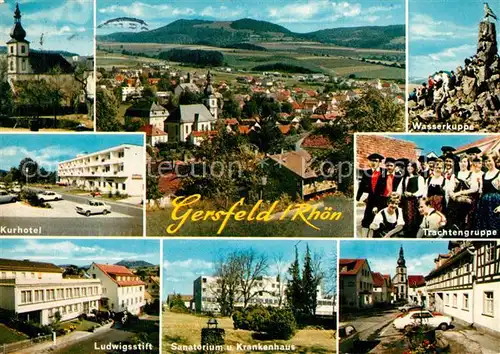 AK / Ansichtskarte Gersfeld_Rhoen Kirche Panorama Wasserkuppe Kurhotel Trachtengruppe Ludwigsstift Sanatorium und Krankenhaus Gersfeld Rhoen