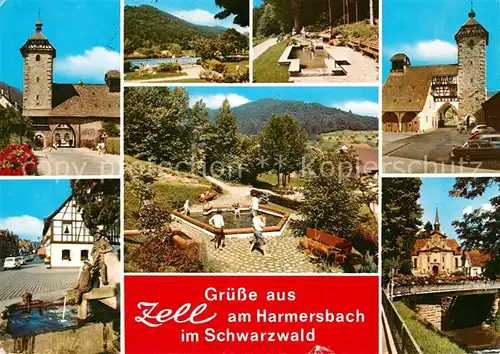 AK / Ansichtskarte Zell_Harmersbach Stadttor Park Fachwerkhaus Brunnen Bruecke Zell Harmersbach