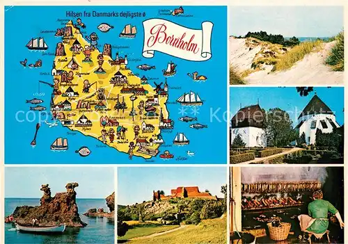 AK / Ansichtskarte Bornholm Inselkarte Hammershus Ruiner Klitter ved Duerodde Osterlars Rundkirke Silderogning Bornholm