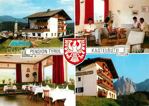 AK / Ansichtskarte Kastelruth_Suedtirol Pension Tyrol Lesezimmer Gaststube Swimmingpool Kastelruth_Suedtirol