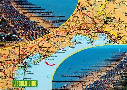 AK / Ansichtskarte Jesolo_Lido Strandpartien Fliegeraufnahme Lageplan Jesolo Lido