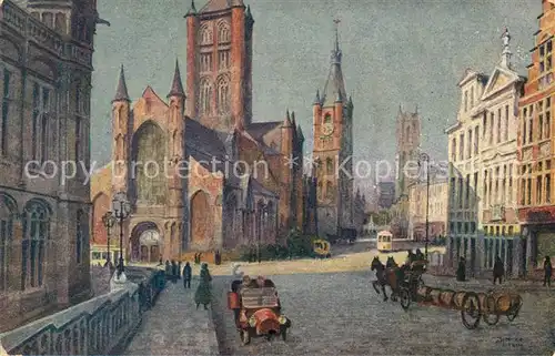 AK / Ansichtskarte Gand_Belgien Eglise Saint Nicolas le Beffroi Eglise Saint Bavon Aquarel Kuenstlerkarte Gand Belgien