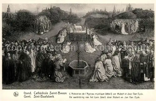 AK / Ansichtskarte Gand_Belgien Cathedrale Saint Bavon Adoration de l Agneau mystique Dessin Kuenstlerkarte Gand Belgien