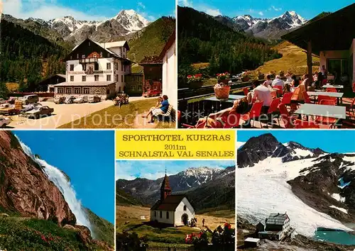 AK / Ansichtskarte Schnalstal Sporthotel Kurzras Terrasse Wasserfall Kirche Gletscher Schnalstal