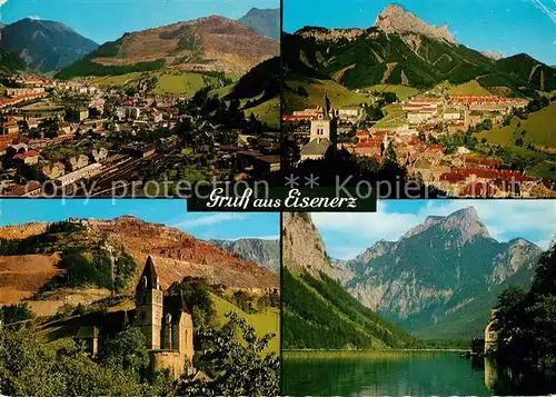 AK / Ansichtskarte Eisenerz_Steiermark mit Erzberg Schichtturm Pfaffenstein Pfarrkirche St Oswald Leopoldateinersee  Eisenerz_Steiermark