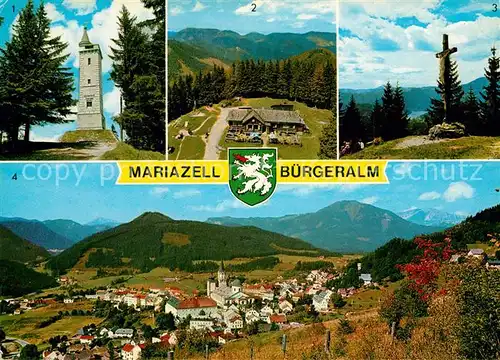 AK / Ansichtskarte Mariazell_Steiermark Buergeralm Erzherzog Johann Aussichtswarte Almgastwirtschaft Ortsansicht mit oetscher Mariazell_Steiermark