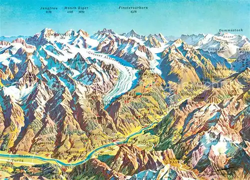 AK / Ansichtskarte Goms_VS Aletschgebietskarte mit Jungfrau Moench Eiger und Finsteraarhorn Goms_VS