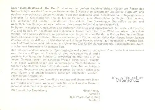 AK / Ansichtskarte Schneverdingen Hotel Hof Barrl Restaurant Fachwerk Reiter  Schneverdingen