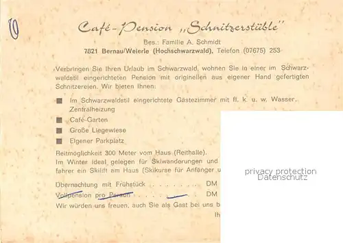 AK / Ansichtskarte Bernau_Schwarzwald Cafe Pension Schnitzerstueble Bernau Schwarzwald