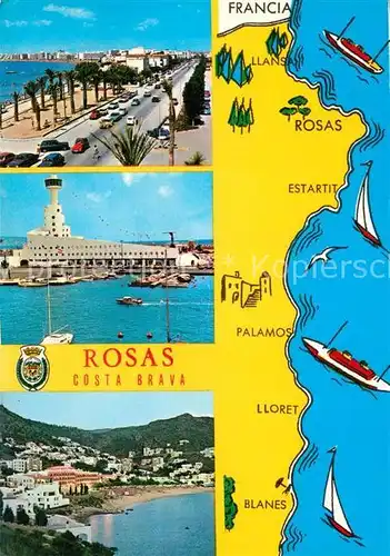 AK / Ansichtskarte Rosas_Costa_Brava_Cataluna Uferstrasse Hafen Kuestenpanorama Landkarte Rosas_Costa