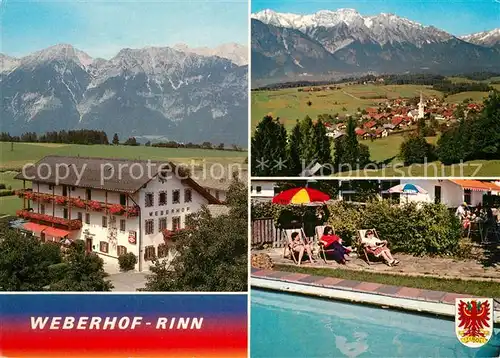 AK / Ansichtskarte Rinn Cafe Pension Weberhof Swimming Pool Gesamtansicht mit Alpenpanorama Rinn
