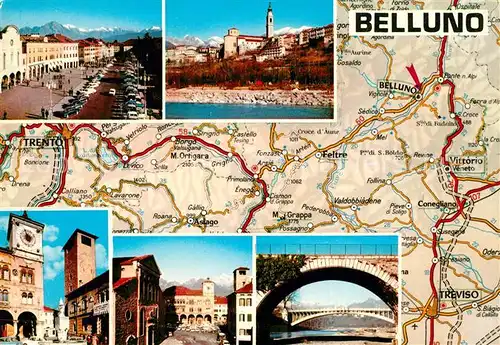 AK / Ansichtskarte Belluno Teilansichten Bruecke Strassenkarte Landkarte Carta Automobilistica Belluno
