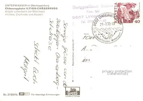 AK / Ansichtskarte Seilbahn Chaeserrugg Unterwasser Obertoggenburg Seilbahn