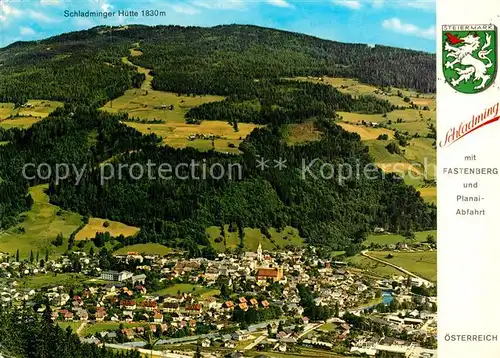 AK / Ansichtskarte Schladming_Obersteiermark Bergstadt mit Fastenberg und Planaiabfahrt Schladminger Huette Wappen Schladming_Obersteiermark