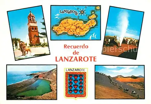 AK / Ansichtskarte Lanzarote_Kanarische Inseln Landschaftspanorama Wueste Kamele Leuchtturm Insel Landkarte Wappen Lanzarote