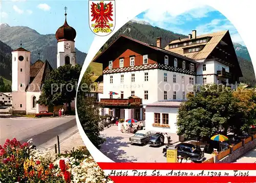 AK / Ansichtskarte St_Anton_Arlberg Hotel Post Ortsmotiv mit Kirche Wappen St_Anton_Arlberg
