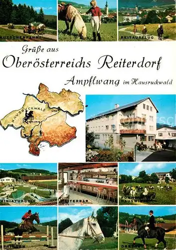 AK / Ansichtskarte Ampflwang_Hausruckwald Reiterpension Hausruckhof Kutschenfahrt Ausritt Springreiten Dressur Minigolf Ampflwang Hausruckwald