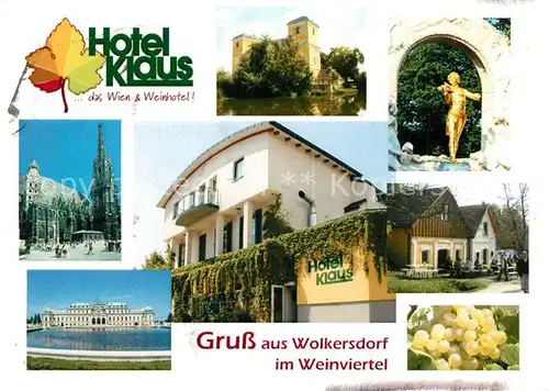 AK / Ansichtskarte Wolkersdorf_Weinviertel Hotel Klaus Schloss Kirche Schloss Statue Weintrauben Wolkersdorf Weinviertel