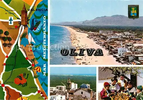 AK / Ansichtskarte Oliva_Valencia Motiv mit Kirche Paella Kinder Trachten Strand Kueste Fliegeraufnahme Landkarte Oliva_Valencia