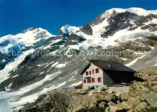 AK / Ansichtskarte Bovalhuette Berghuette mit Piz Bernina und Piz Morteratsch Berghuette Gletscher Berninagruppe Bovalhuette