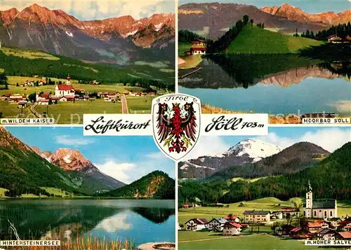 AK / Ansichtskarte Soell_Tirol Panorama Wilder Kaiser Moorbad Wasserspiegelung Hintersteinersee Kirche Hohe Salve Wappen Soell_Tirol