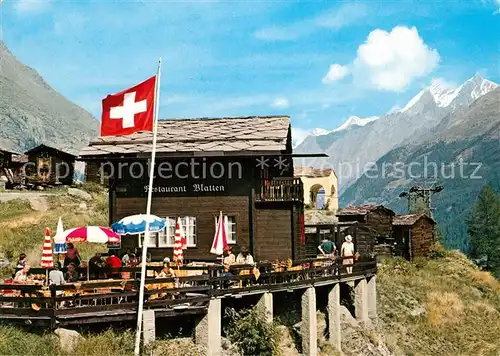 AK / Ansichtskarte Zermatt_VS Restaurant Blatten Berghuette Schweizer Flagge Alpen Zermatt_VS