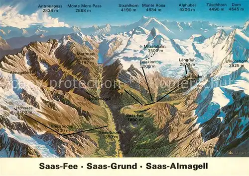 AK / Ansichtskarte Saas Fee Ferienorte Saas Grund Saas Almagell Skigebiete Alpen aus der Vogelperspektive Saas Fee