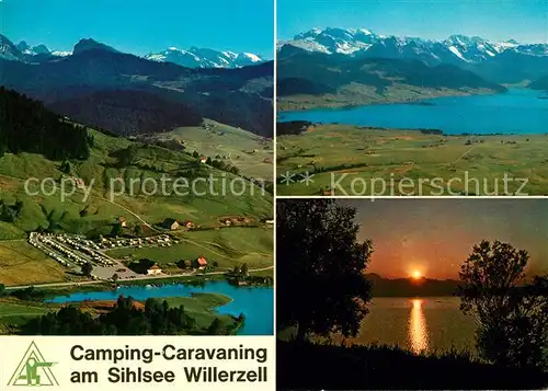 AK / Ansichtskarte Willerzell Uferpartie am Sihlsee Abendstimmung Alpenpanorama Fliegeraufnahme Willerzell