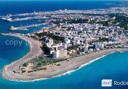AK / Ansichtskarte Rodos Fliegeraufnahme mit Strand und Hafen Rodos
