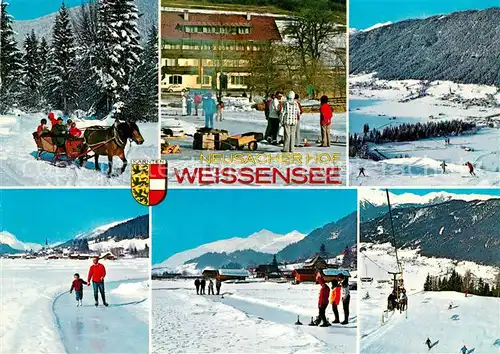 AK / Ansichtskarte Weissensee_Kaernten Neusacher Hof Pferdeschlitten Schlittschulaufen Eiskegeln  Weissensee Kaernten