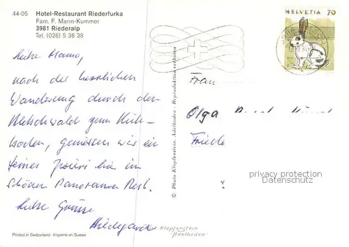 AK / Ansichtskarte Riederalp Hotel Restaurant Riederfurka Riederalp