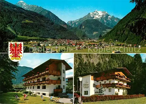 AK / Ansichtskarte Mayrhofen_Zillertal Gesamtansicht mit Alpenpanorama Pension Haus Waldrand Wappen Mayrhofen_Zillertal