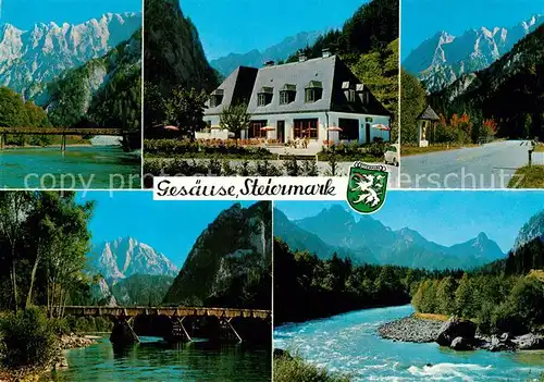 AK / Ansichtskarte Johnsbach_Steiermark Gasthof Bachbruecke Gesaeuse Landschaftspanorama Alpen Johnsbach_Steiermark
