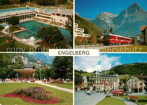 AK / Ansichtskarte Engelberg_OW Hallenbad Freibad Kurpark LSE Bahn Eisenbahn mit Hahnen Bahnhofplatz Engelberg OW